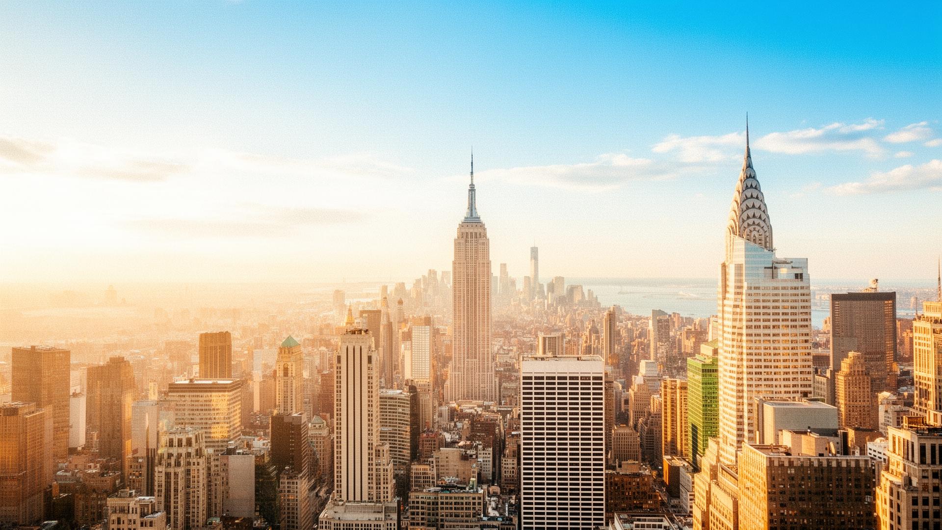 Manhattan skyline at golden hour with Empire State and Chrysler Building